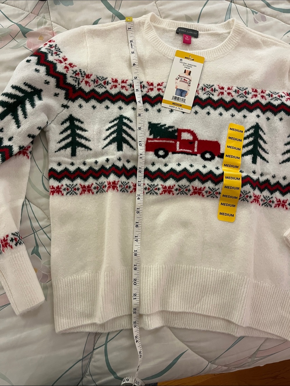 Vince Camuto Cream Knit Crewneck with Red Truck and Green Tree Motif - Picture 6 of 6